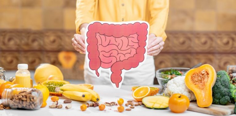 A person holding a diagram of intestines, above a counter covered in healthy foods.